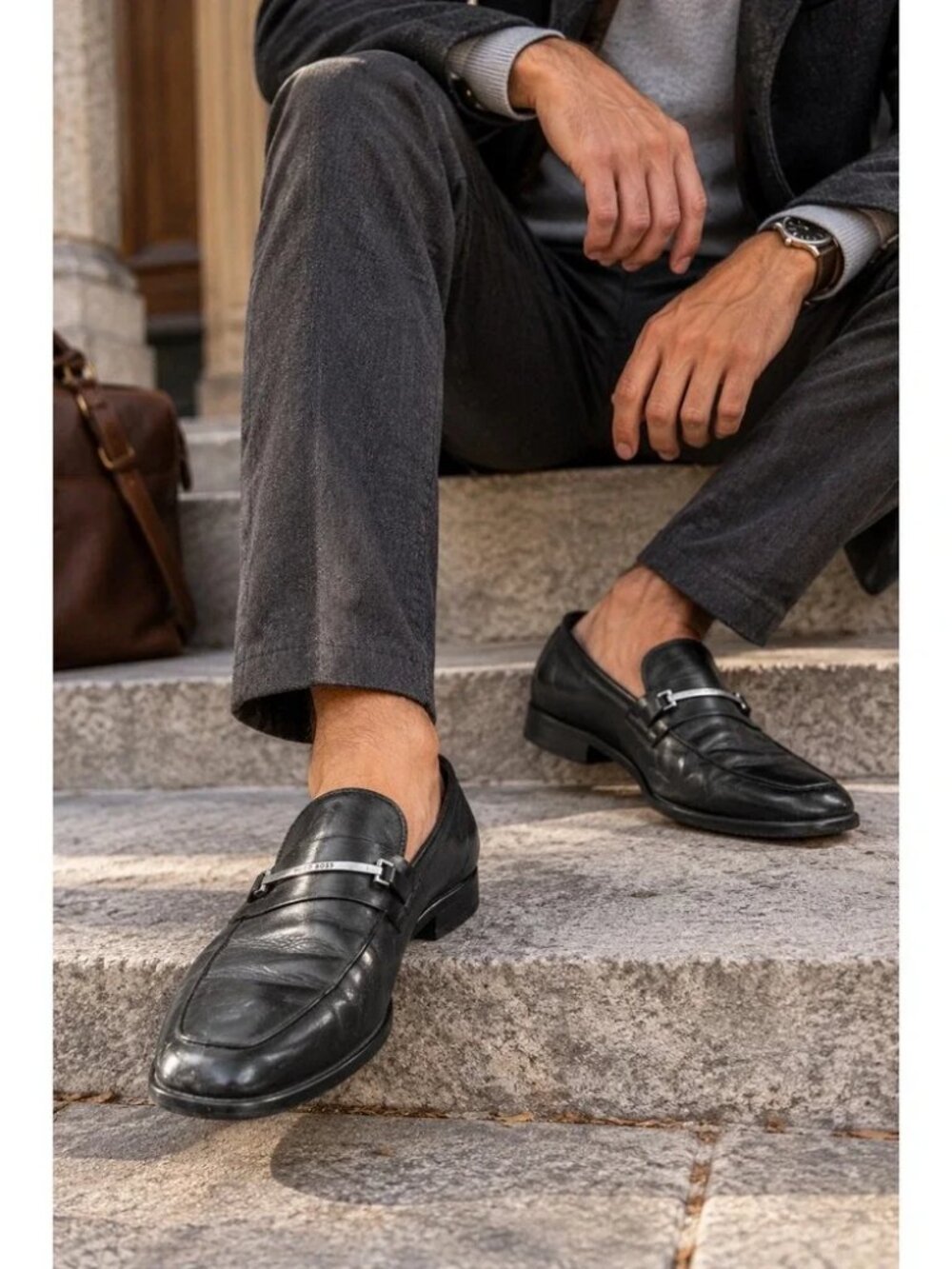 Mens Hugo Boss Ikon Bit Black Leather Square Toe Loafer Dress Shoes 10